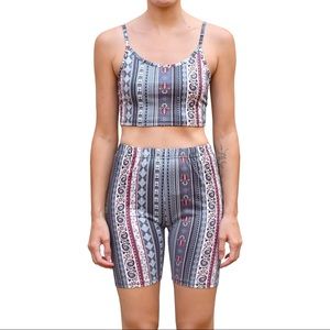 Two Piece Co-Ord Yoga Athleisure Matching Loungewear Set in Blue Indigo Paisley